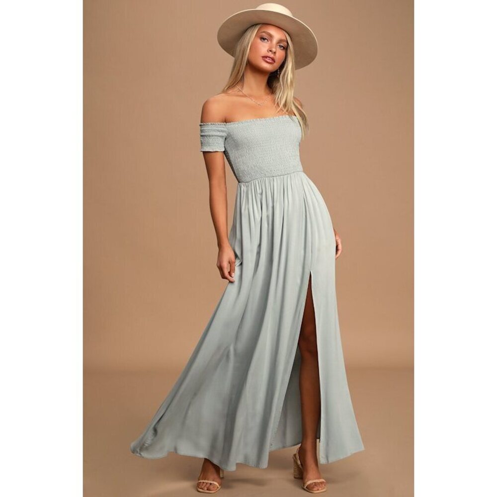 Lulus Patsy Sage Blue Off-the-shoulder Dress - Size M